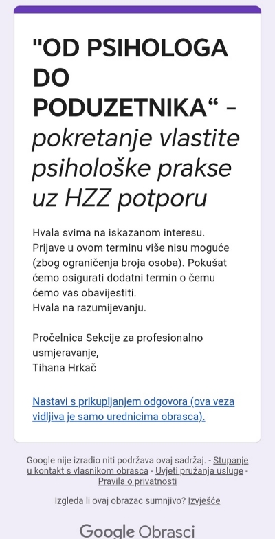 Obavijest o zatvaranju termina predavanja Sekcije za profesionalno usmjeravanje