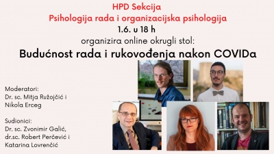 Sekcija za psihologiju rada i organizacijsku psihologiju - najava Okruglog stola - 1.6.2021.