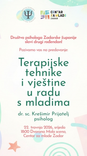 Društvo psihologa Zadarske županije - poziv na predavanje - 22.4.26.