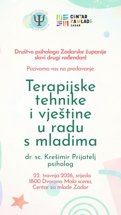 Dru&scaron;tvo psihologa Zadarske županije - poziv na predavanje - 22.4.26.