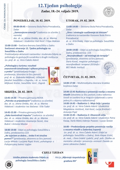12. Tjedan psihologije na Odjelu za psihologiju Sveučilišta u Zadru